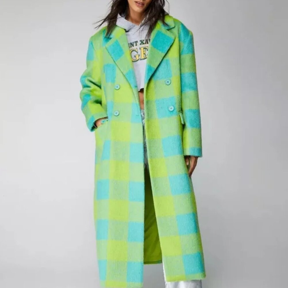 NWT Nasty Gal Premium Longline Green Plaid Coat Size 8